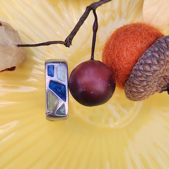 Vintage 1970's Artisan Made Sterling Silver Geometric Square Ring with Enamel - Picture 1 of 11